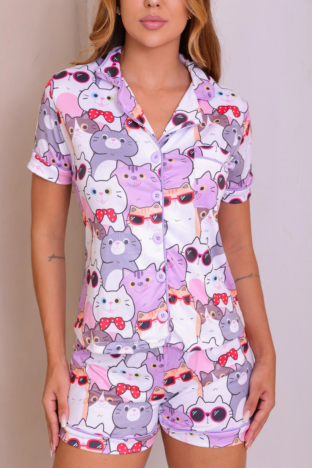 Pijama Americano - Gatos Empilhados